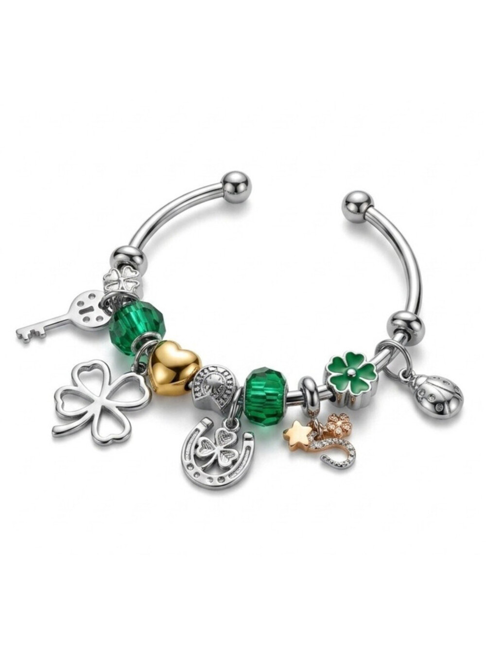 Womens Silver Tone Irish Lucky Charm Bracelet Green Clover Horseshoe Ladybug